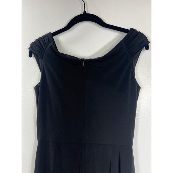 Tadashi Shoji Gathered Ruched Slimming Midi Black Dress LBD Elegant Polished - Picture 6 of 9